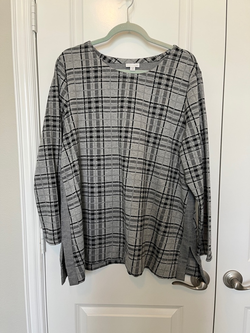 J. Jill Gray and Black Metallic Plaid Knit Tunic